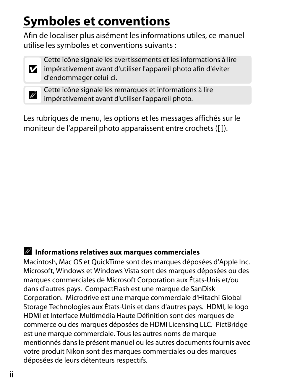 Symboles et conventions | Nikon D3X Manuel d'utilisation | Page 4 / 476