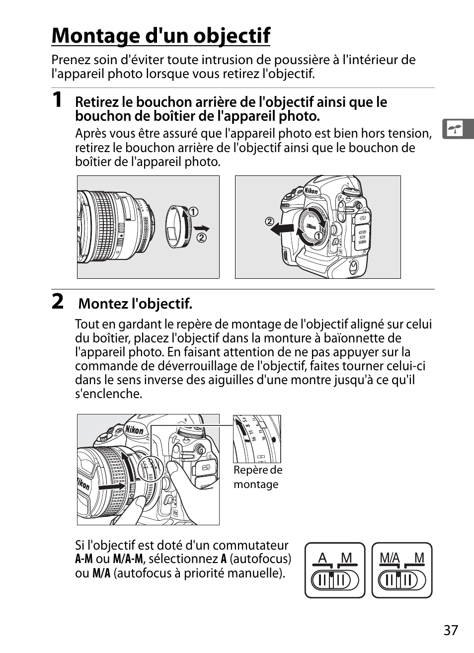 Montage d'un objectif | Nikon D3X Manuel d'utilisation | Page 63 / 476