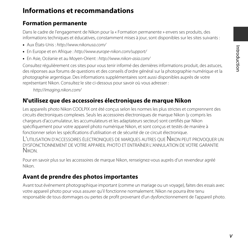 Informations et recommandations | Nikon COOLPIX-L330 Manuel d'utilisation | Page 7 / 184