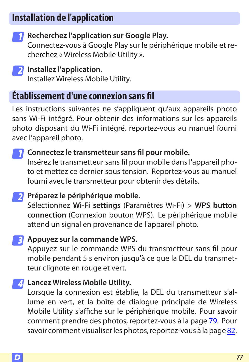 Installation de l'application, Établissement d'une connexion sans fil | Nikon Wireless-Mobile-Utility Manuel d'utilisation | Page 77 / 97