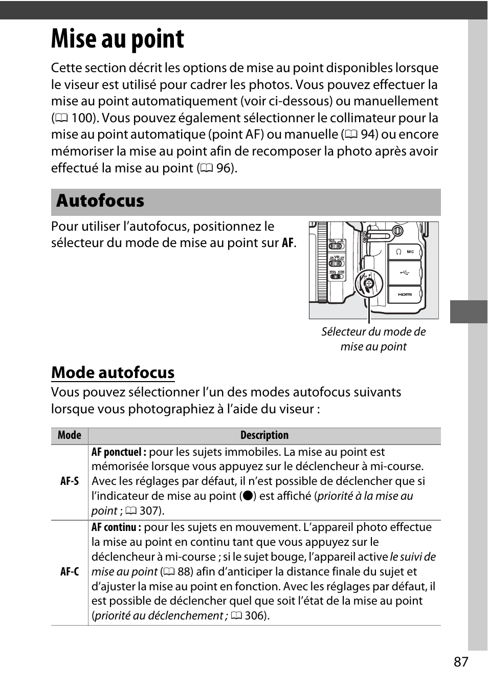Mise au point, Autofocus, Mode autofocus | Nikon D810 Manuel d'utilisation | Page 111 / 530