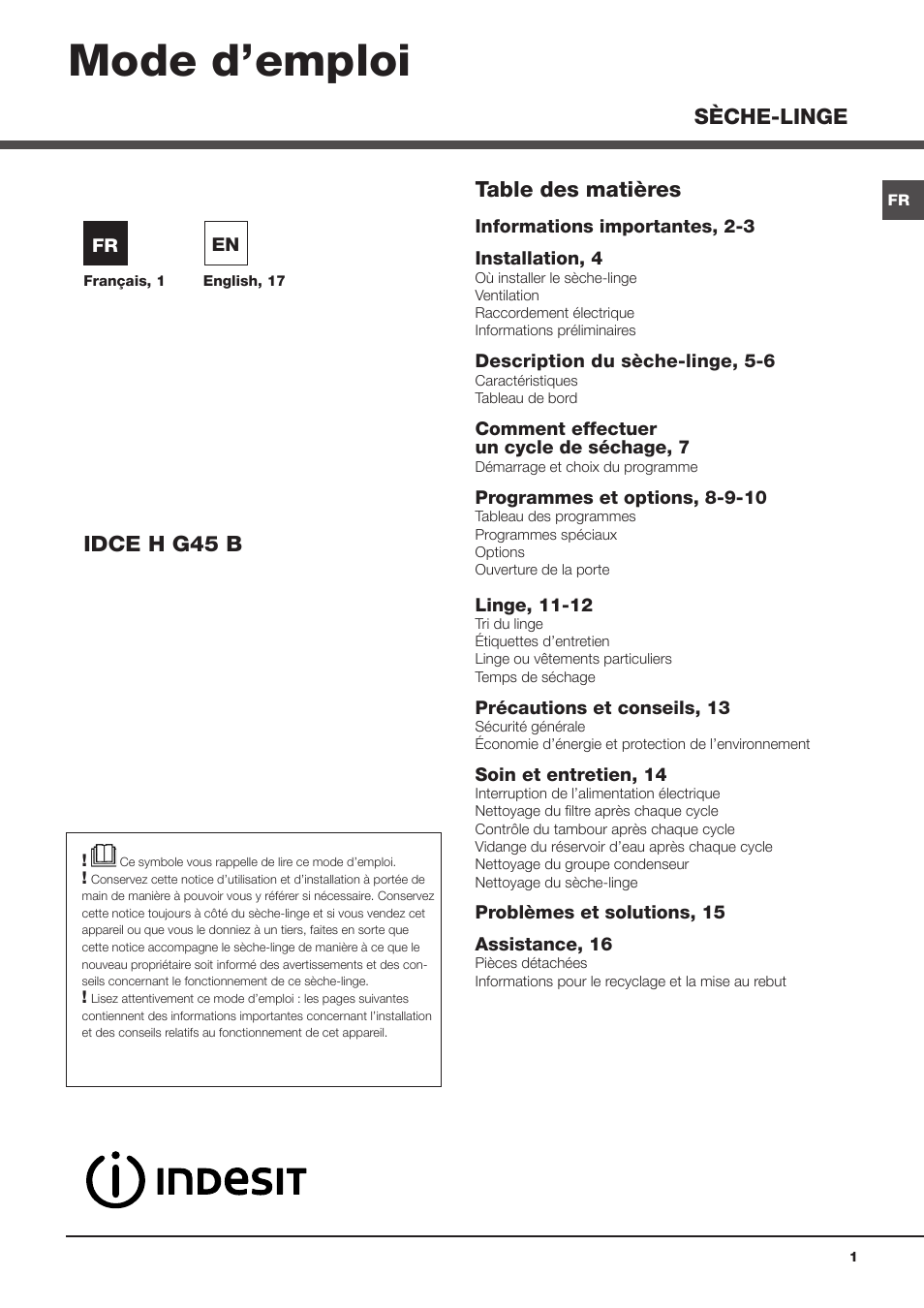Indesit IDCE-H-G45-B-(FR) Manuel d'utilisation | Pages: 32