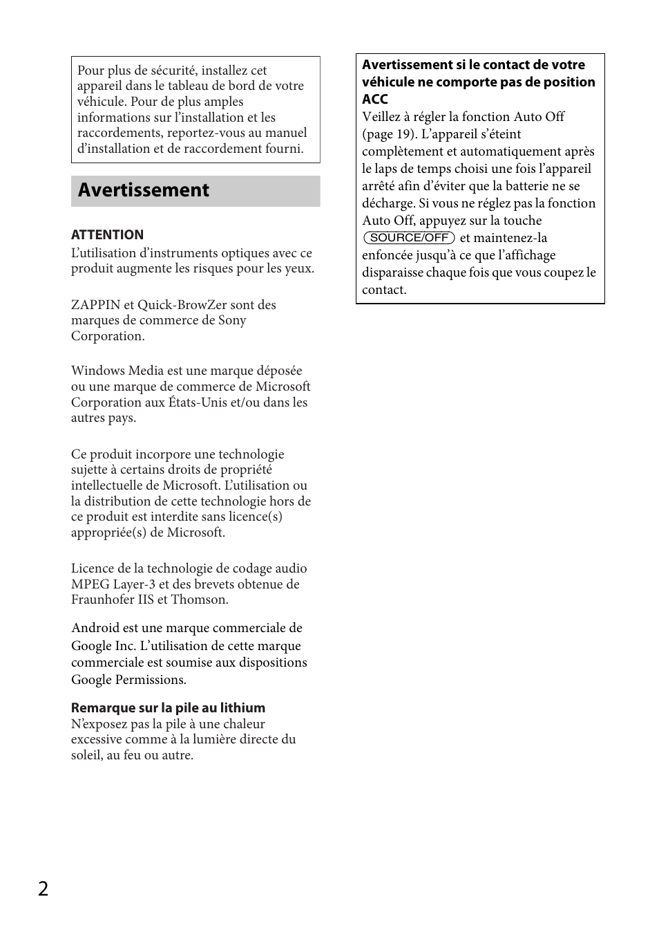 Avertissement | Sony CDX-GT470UM Manuel d'utilisation | Page 24 / 52
