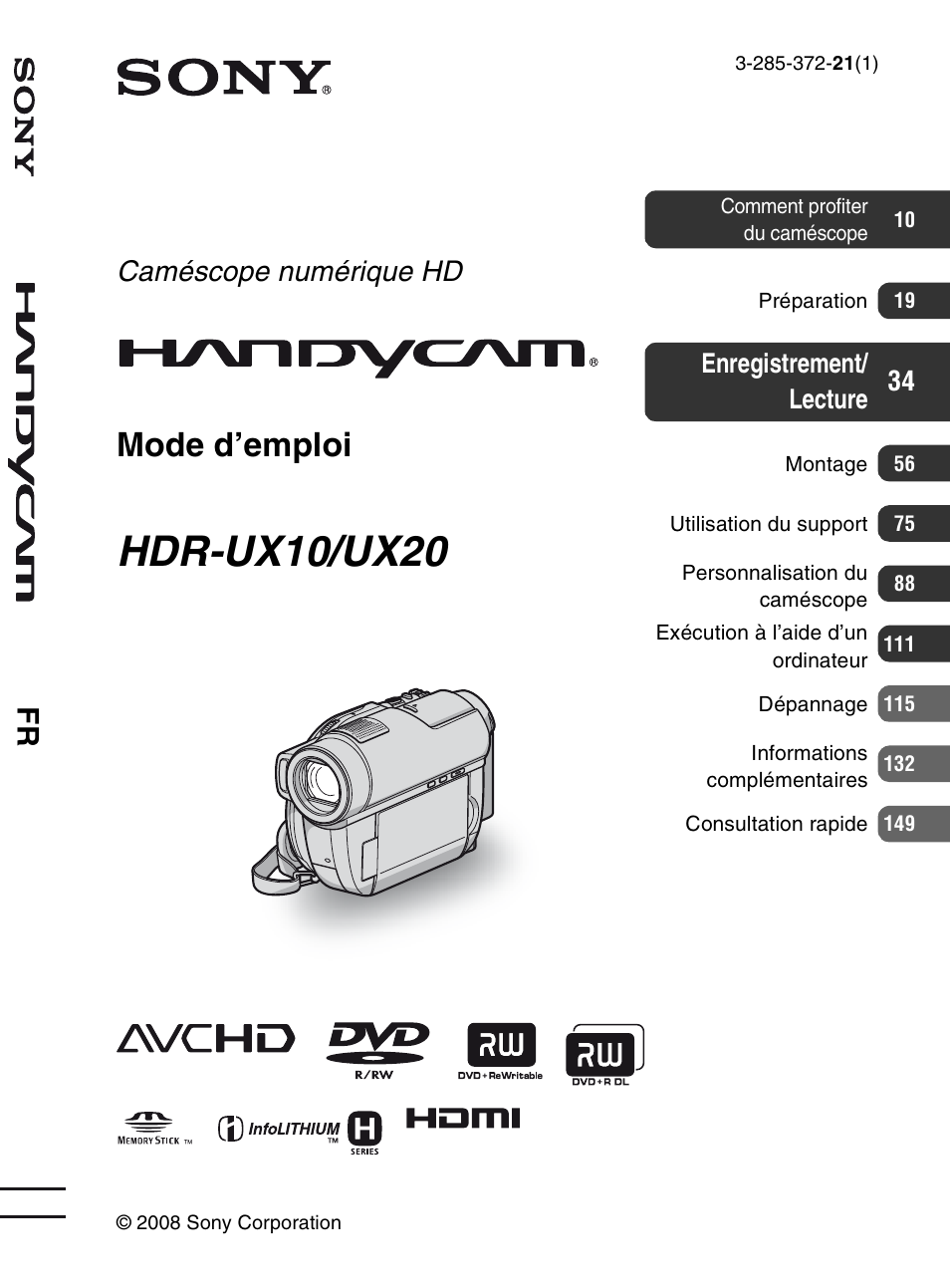 Sony HDR-UX20 Manuel d'utilisation | Pages: 164