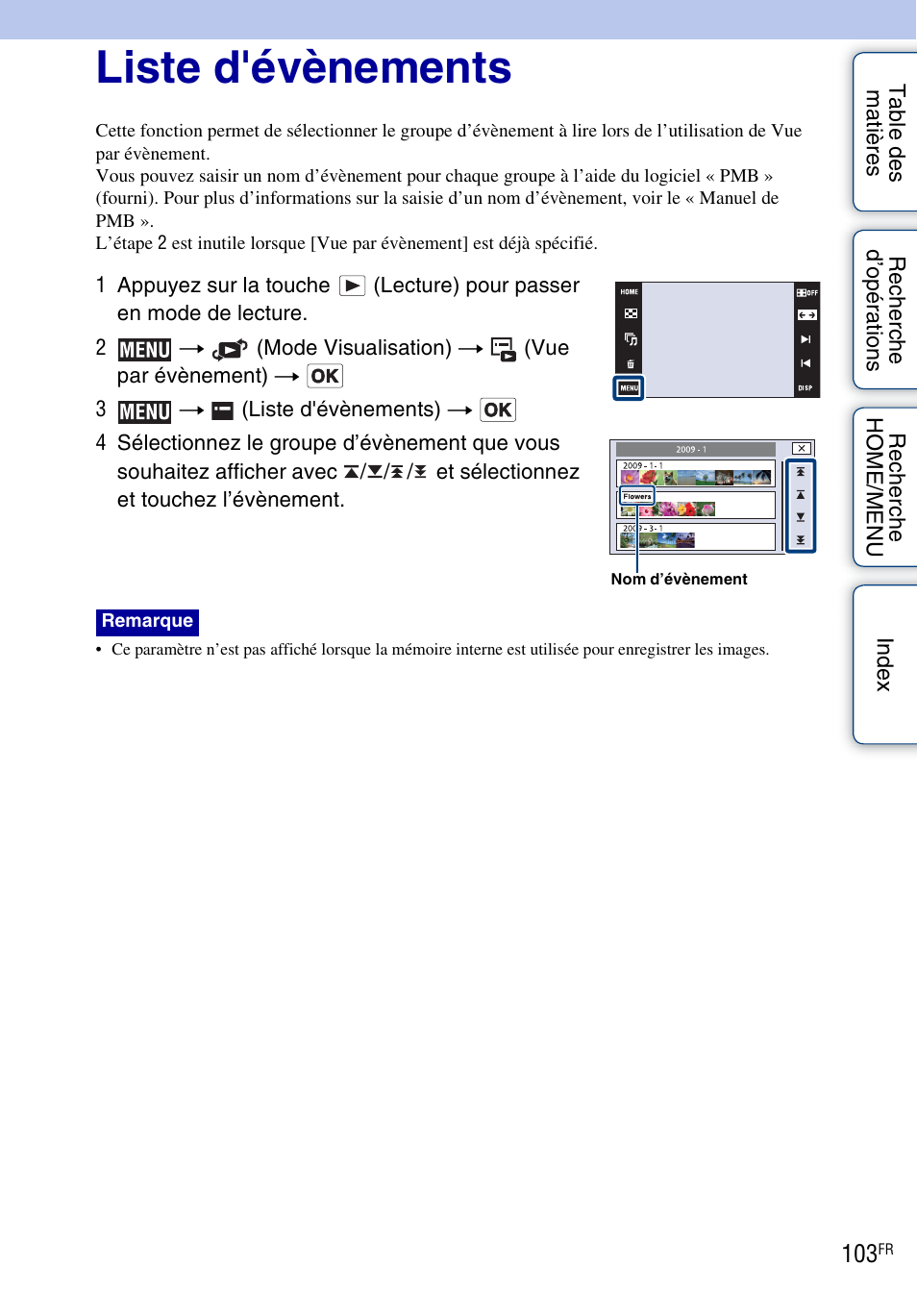 Liste d'évènements, Liste d'évènements) | Sony DSC-T900 Manuel d'utilisation | Page 103 / 171