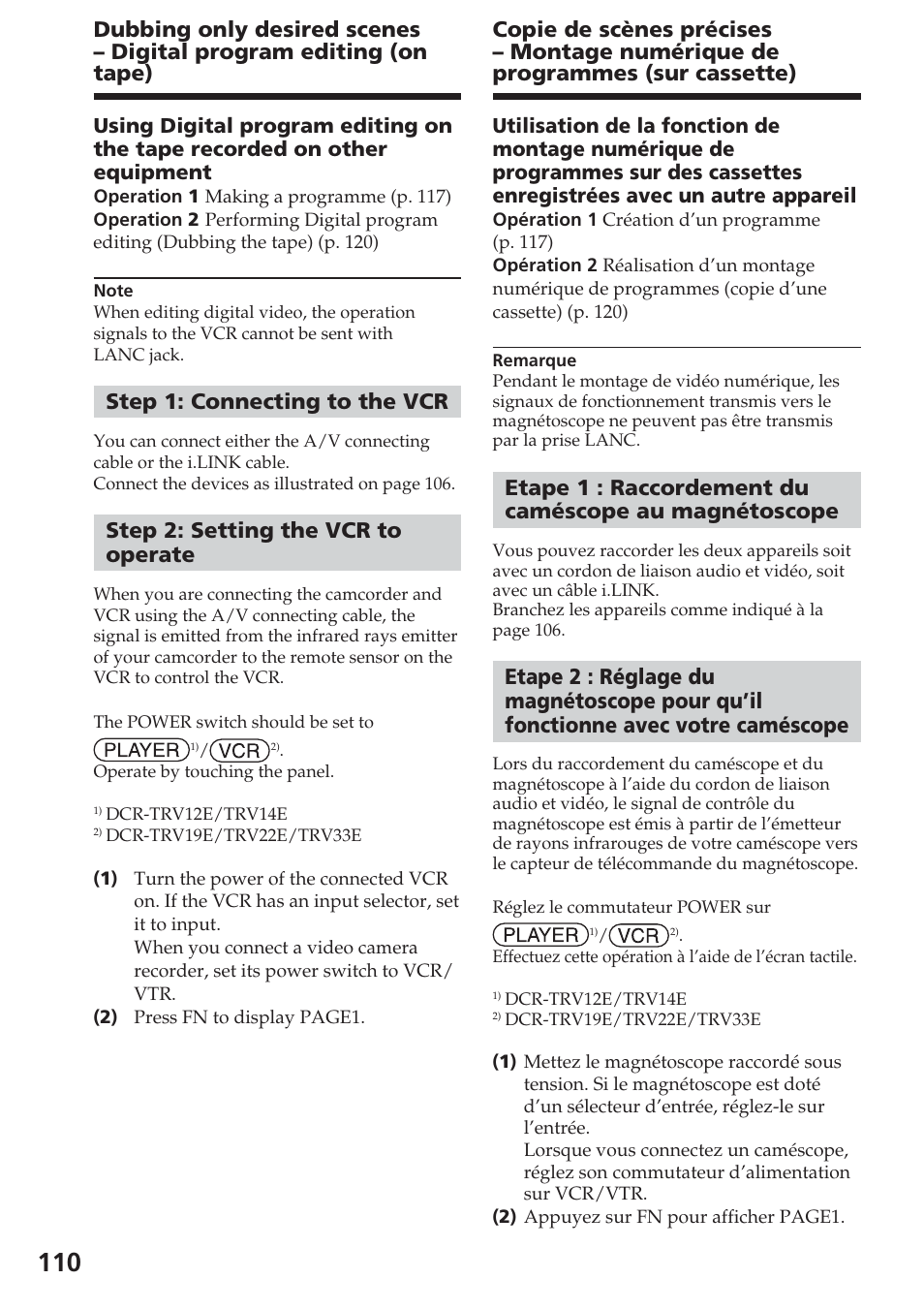 Step 1: connecting to the vcr, Step 2: setting the vcr to operate | Sony DCR-TRV22E Manuel d'utilisation | Page 110 / 320