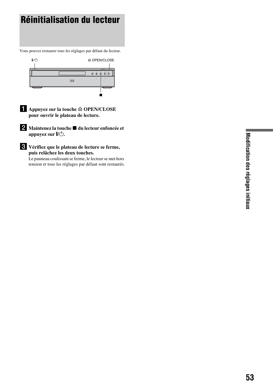 Réinitialisation du lecteur | Sony BDP-S500 Manuel d'utilisation | Page 53 / 67