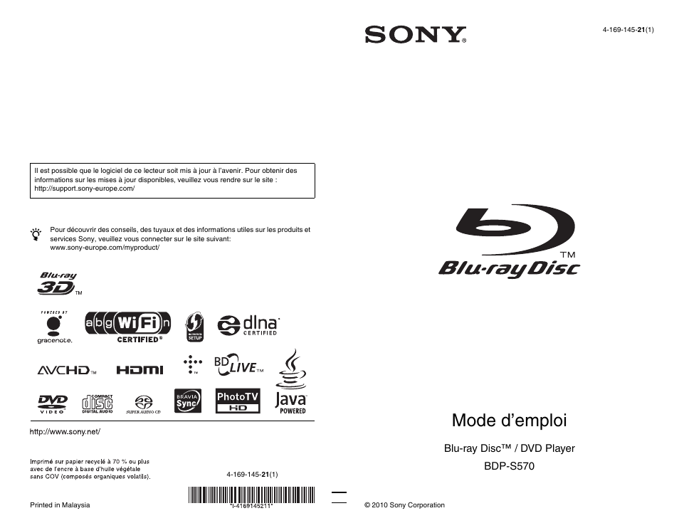 Sony BDP-S570 Manuel d'utilisation | Pages: 43