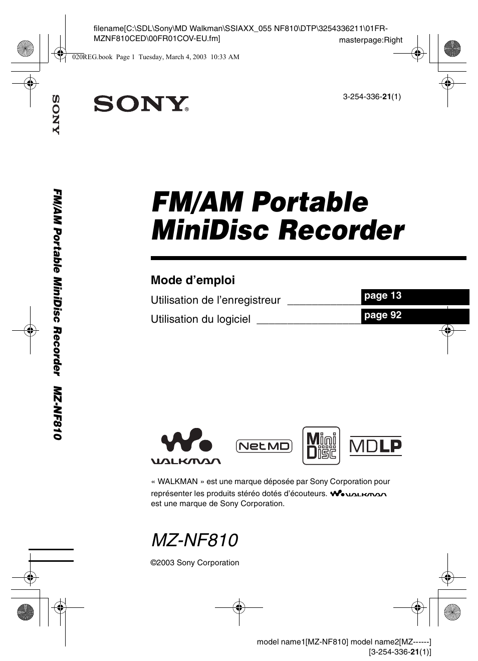 Sony MZ-NF810 Manuel d'utilisation | Pages: 128