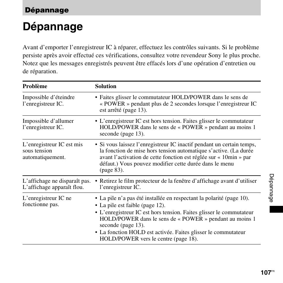 Dépannage | Sony ICD-UX200 Manuel d'utilisation | Page 107 / 128