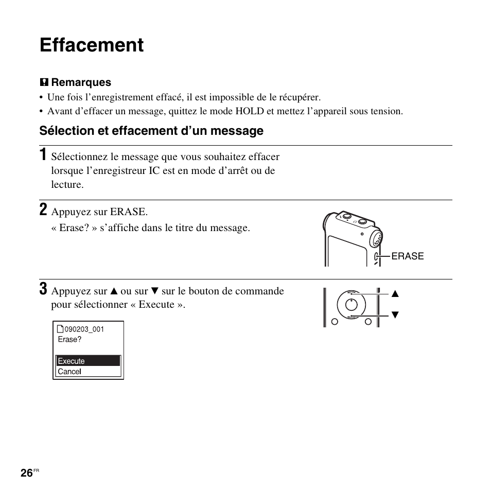 Effacement | Sony ICD-UX200 Manuel d'utilisation | Page 26 / 128
