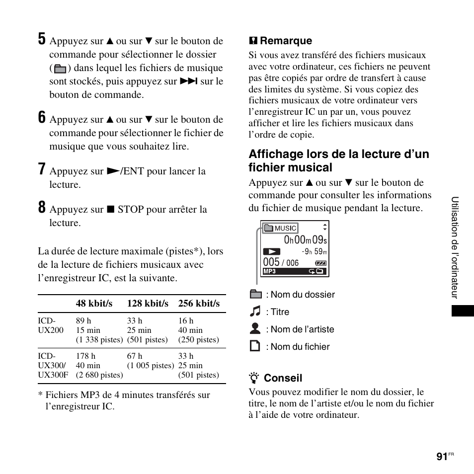 Affichage lors de la lecture d’un fichier musical | Sony ICD-UX200 Manuel d'utilisation | Page 91 / 128