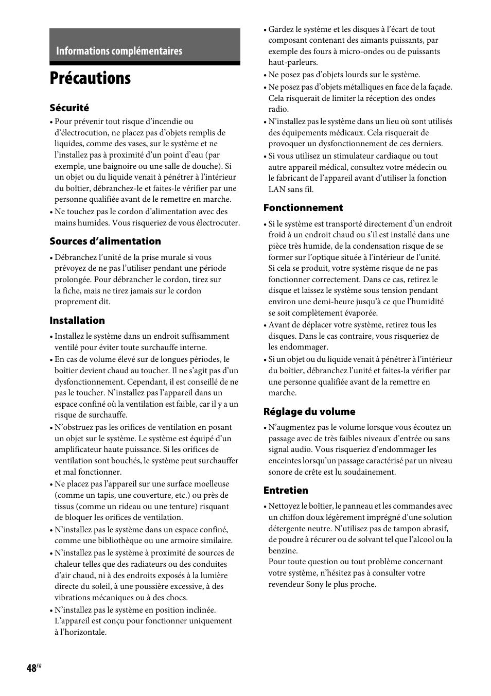 Informations complémentaires, Précautions | Sony BDV-E190 Manuel d'utilisation | Page 48 / 60