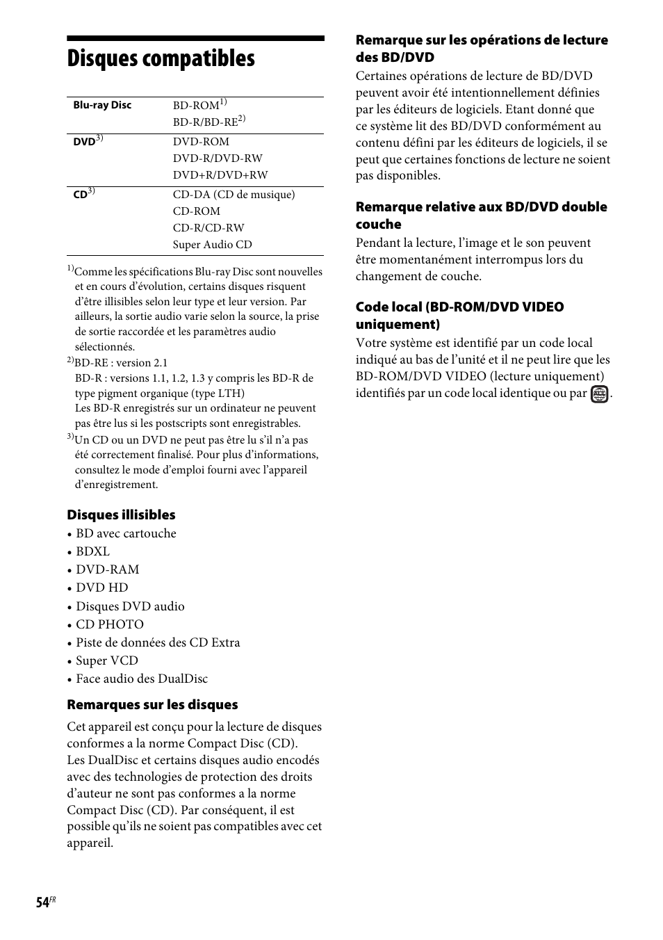 Disques compatibles | Sony BDV-E190 Manuel d'utilisation | Page 54 / 60