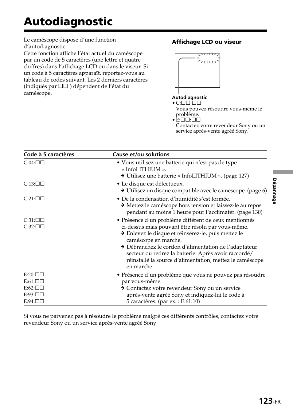Autodiagnostic | Sony DCR-DVD100E Manuel d'utilisation | Page 267 / 292