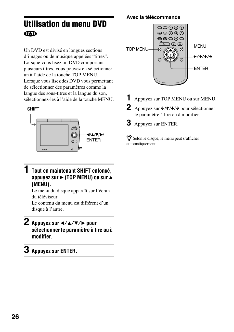 Utilisation du menu dvd, R) (26) | Sony D-VM1 Manuel d'utilisation | Page 26 / 80