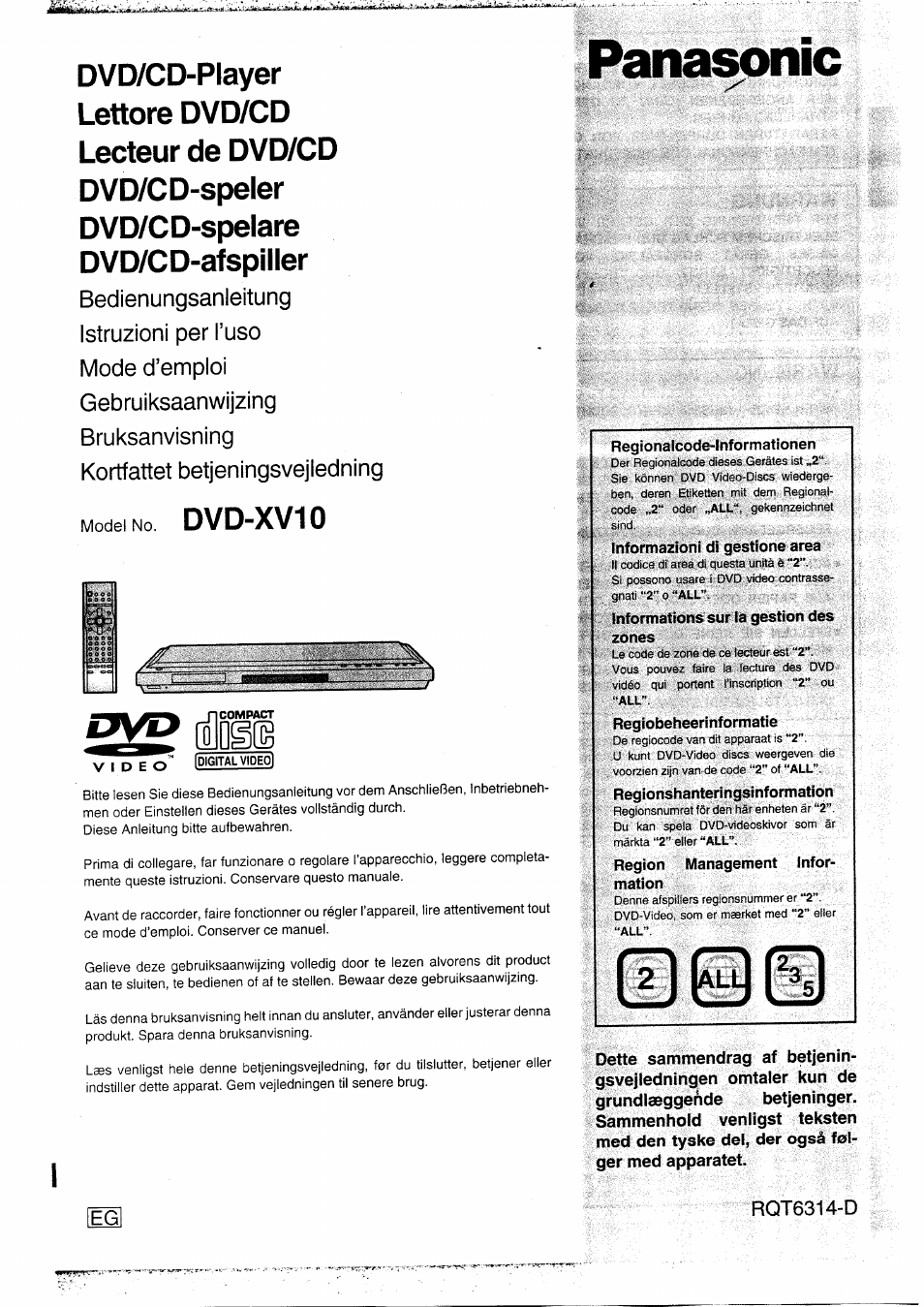Panasonic DVDXV10EG Manuel d'utilisation | Pages: 20