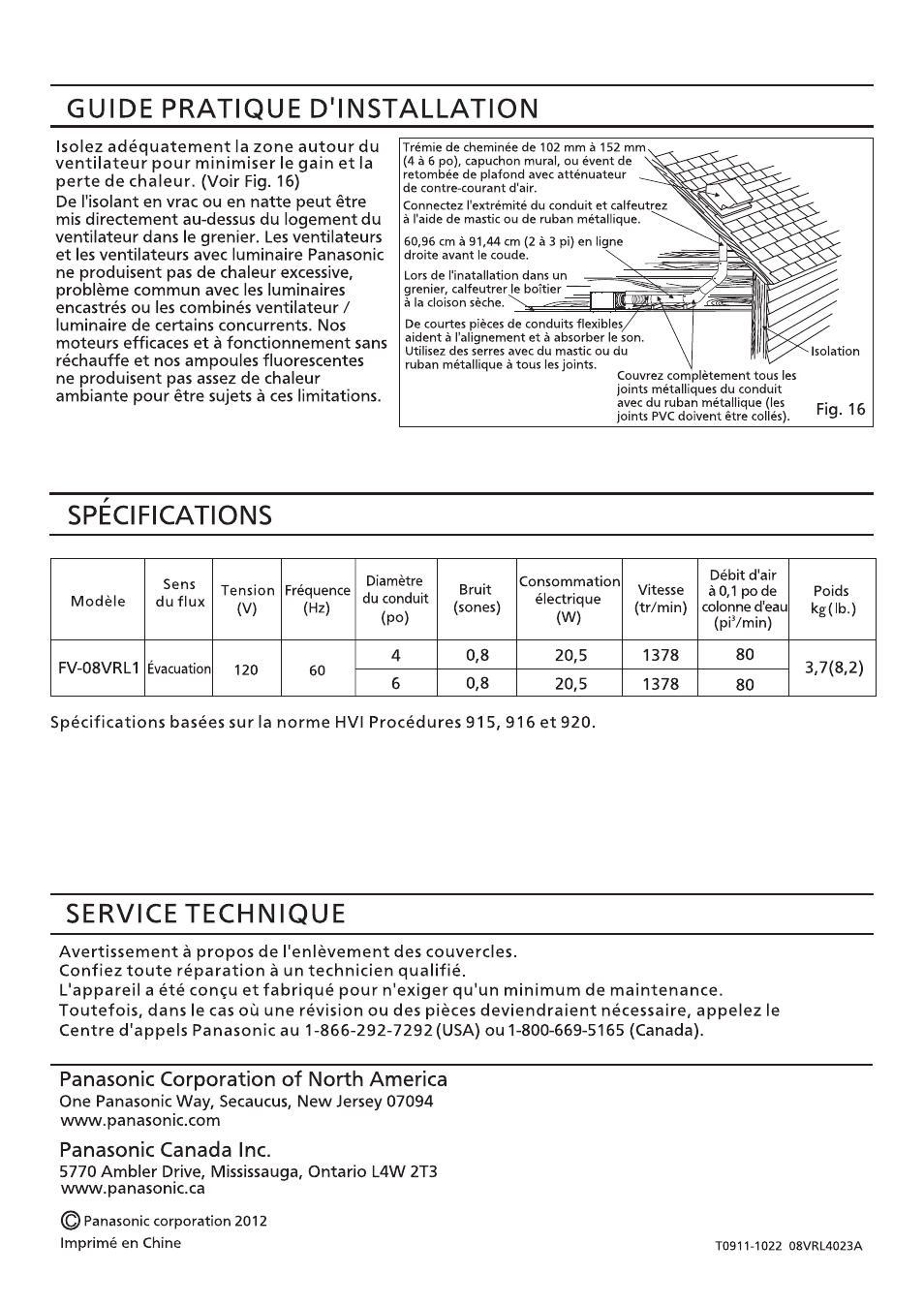Guide pratique d'installation, Specifications, Service technique | Panasonic canada inc, Panasonic corporation of north america | Panasonic FV-08VRL1 Manuel d'utilisation | Page 8 / 8