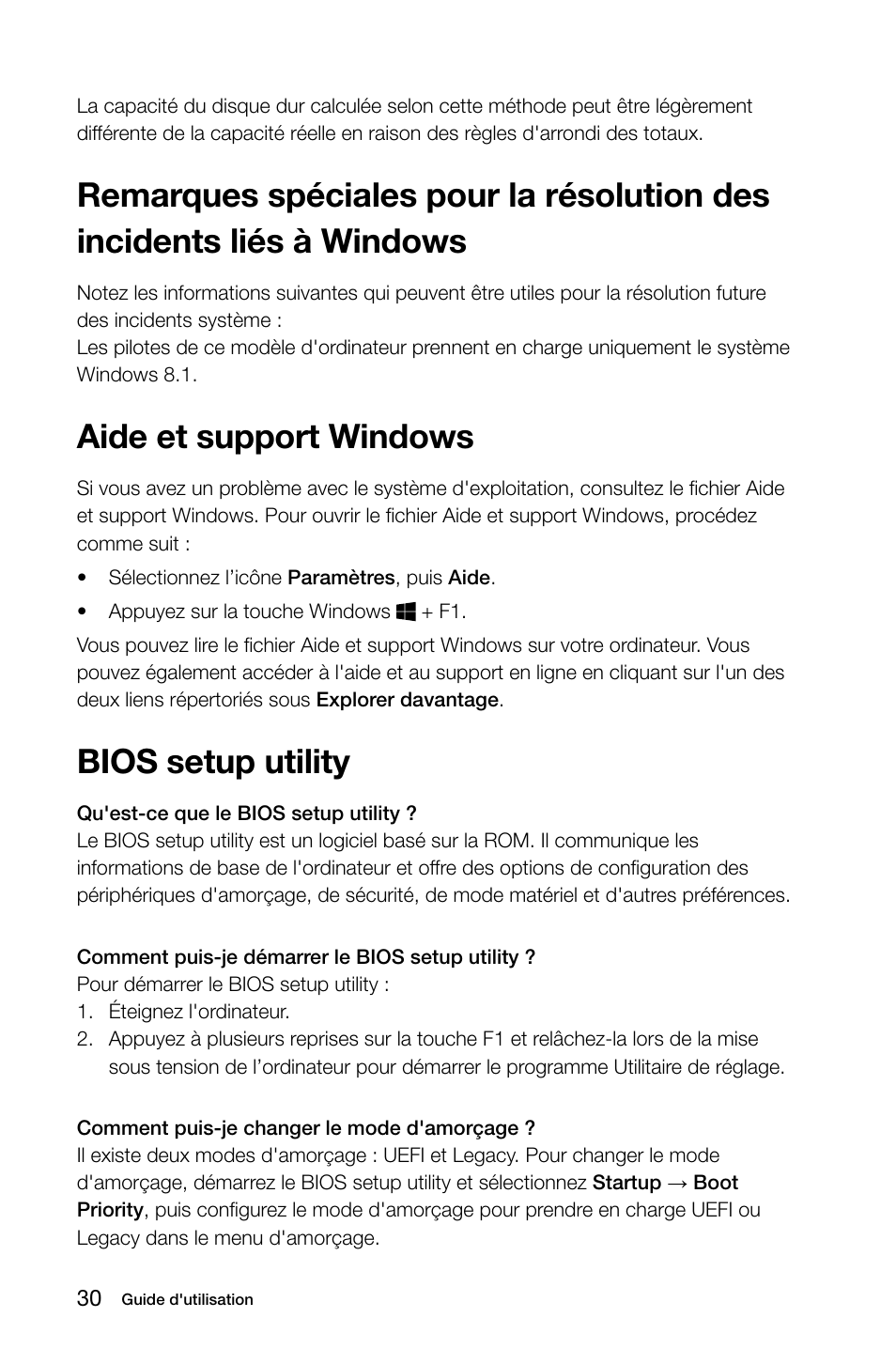 Aide et support windows, Bios setup utility | Lenovo H535 Desktop Manuel d'utilisation | Page 35 / 63