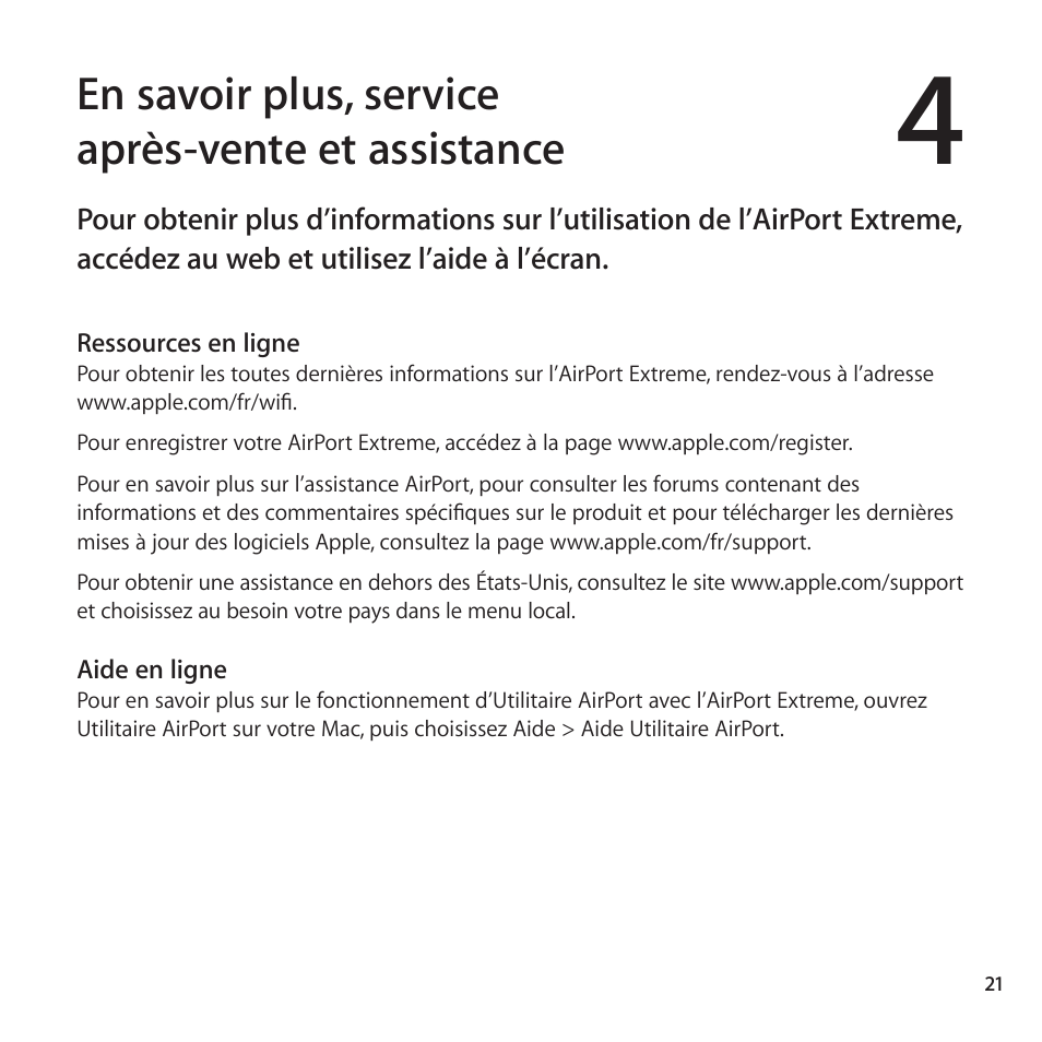 En savoir plus, service après-vente et assistance | Apple AirPort Extreme 802.11ac Manuel d'utilisation | Page 21 / 32