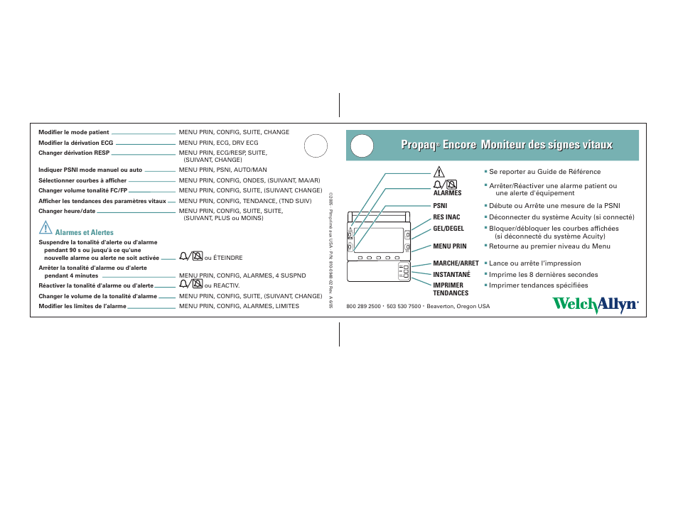 Welch Allyn Propaq Encore 2.XX - Quick Reference Guide Manuel d'utilisation | Pages: 1