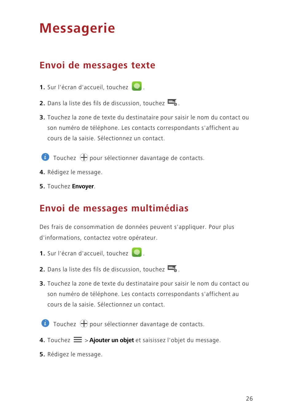 Messagerie, Envoi de messages texte, Envoi de messages multimédias | Huawei Ascend Y550 Manuel d'utilisation | Page 30 / 77
