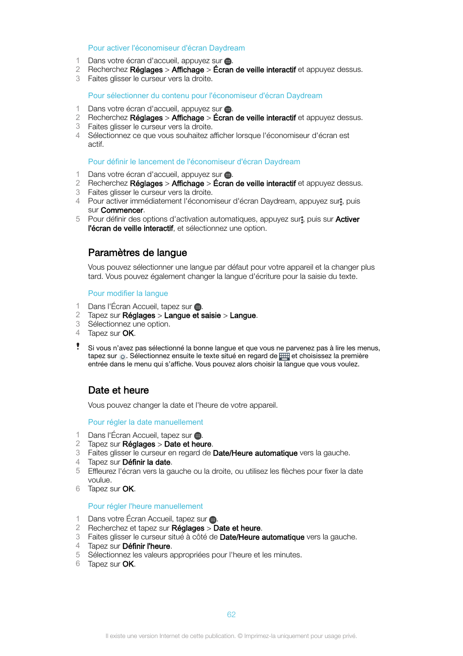 Paramètres de langue, Date et heure, Paramètres de langue date et heure | Sony Xperia XA Ultra F3211 Manuel d'utilisation | Page 62 / 138