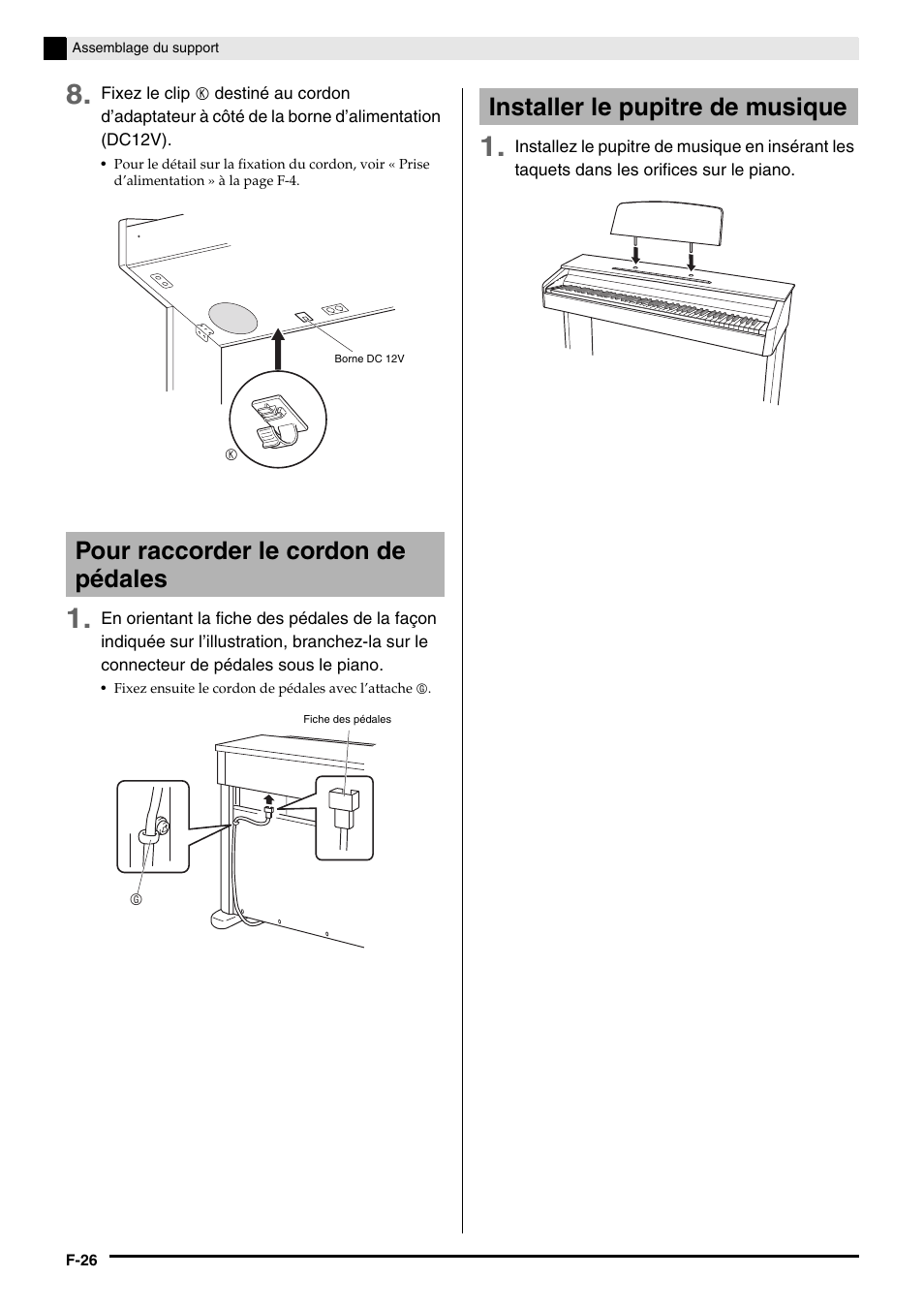 Pour raccorder le cordon de pédales, Installer le pupitre de musique | Casio AP-200 Manuel d'utilisation | Page 28 / 34