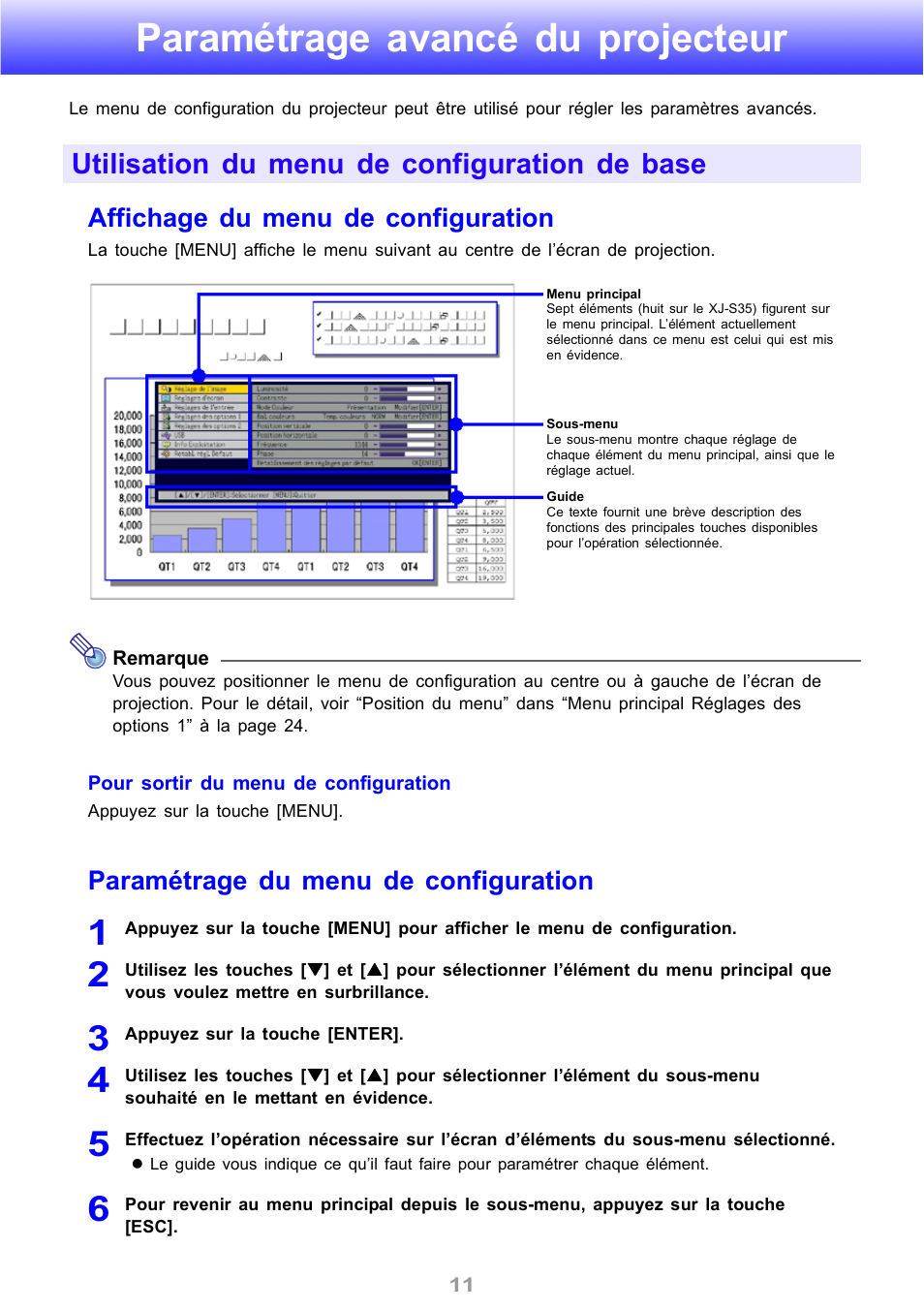 Paramétrage avancé du projecteur, Utilisation du menu de configuration de base, Affichage du menu de configuration | Paramétrage du menu de configuration, Age 11) pour sélec | Casio XJ-S30 Manuel d'utilisation | Page 11 / 36