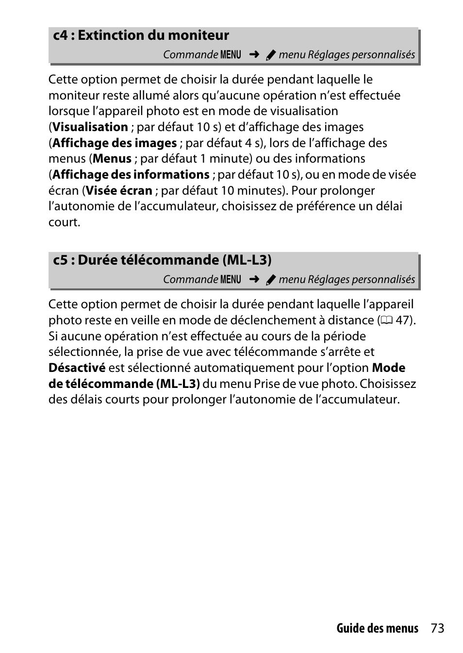 C4 : extinction du moniteur, C5 : durée télécommande (ml-l3) | Nikon D7200 body Manuel d'utilisation | Page 73 / 202