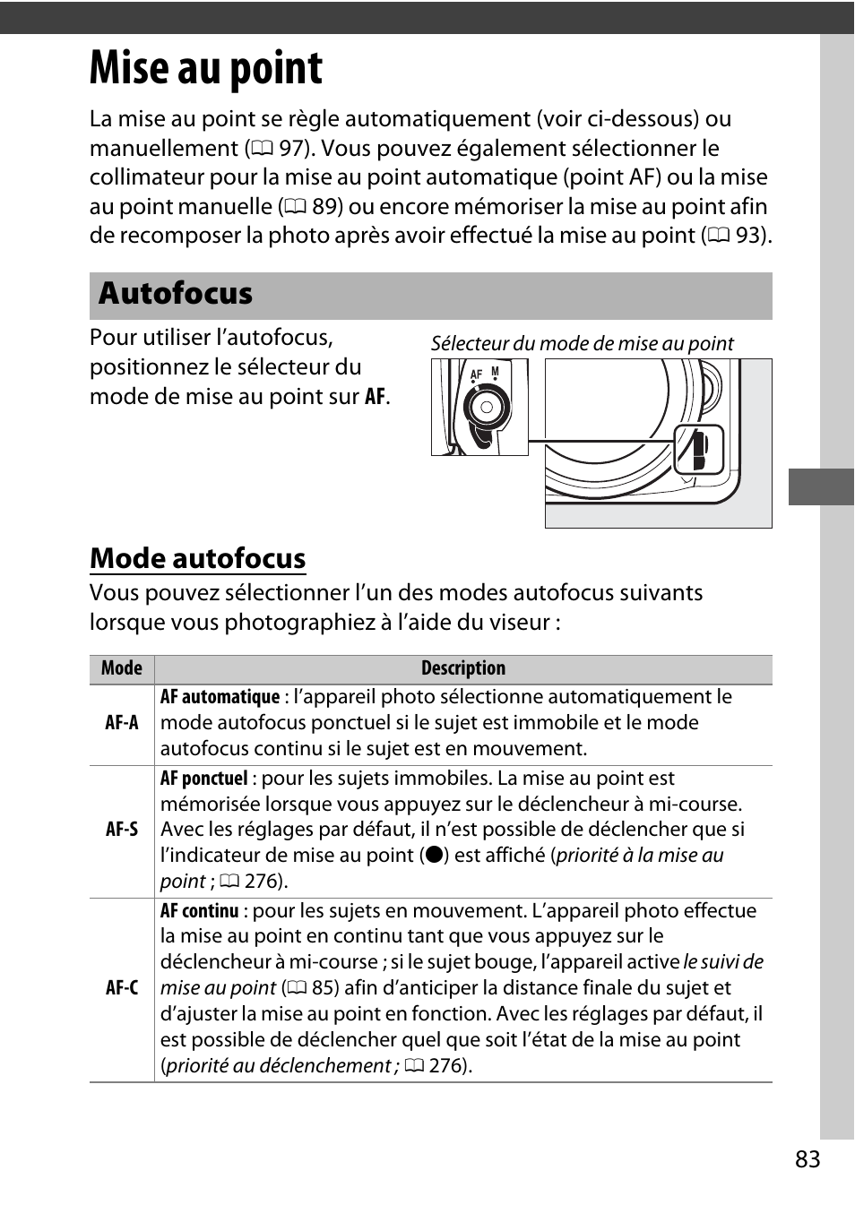 Mise au point, Autofocus, Mode autofocus | Nikon D7200 body Manuel d'utilisation | Page 107 / 420