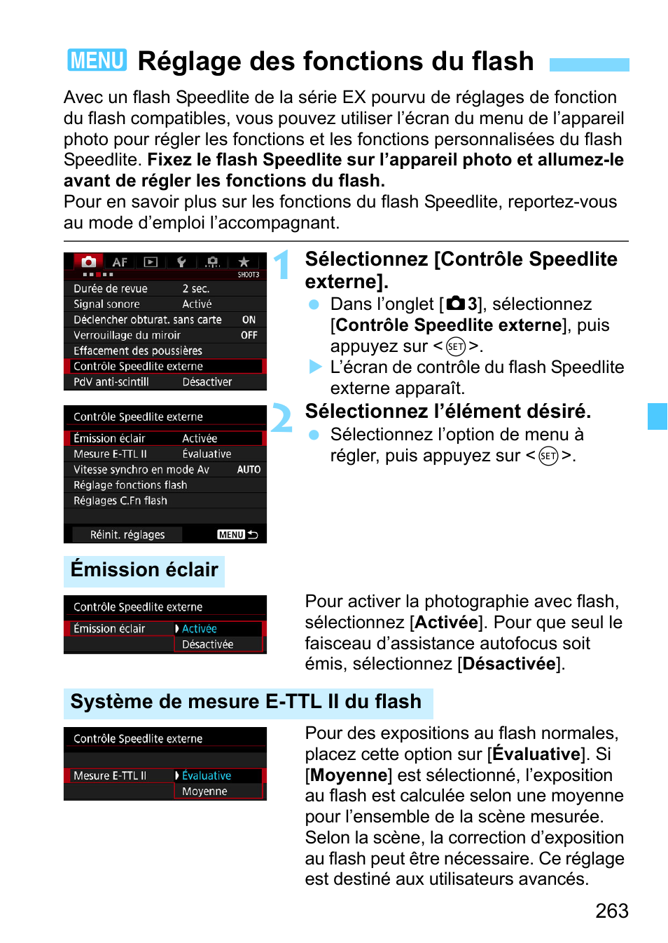 Réglage des fonctions du flash, 3réglage des fonctions du flash | Canon EOS 1D X Mark II Manuel d'utilisation | Page 263 / 562