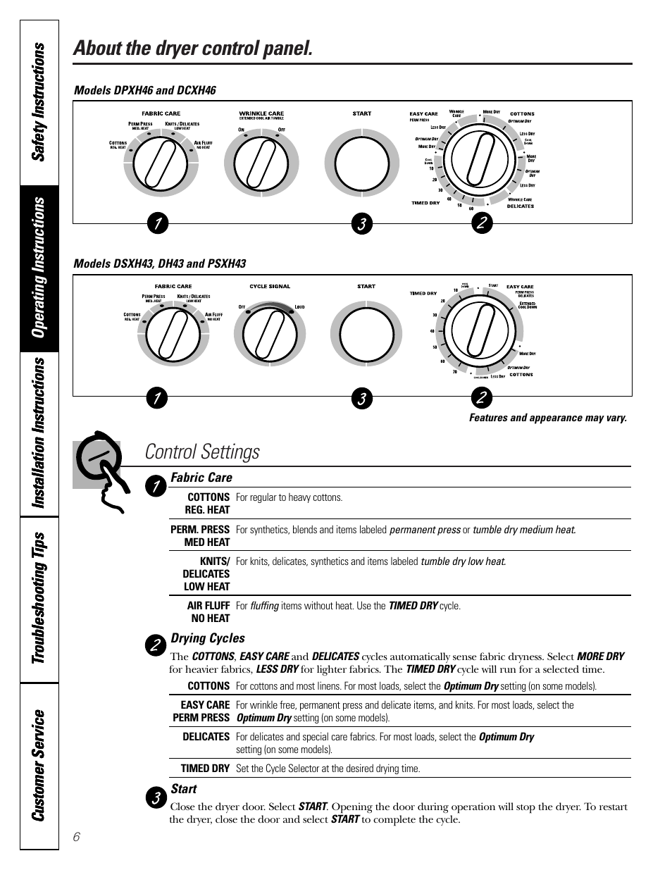 About the dryer control panel. settings | GE DCXH46 Manuel | Page 6 / 52