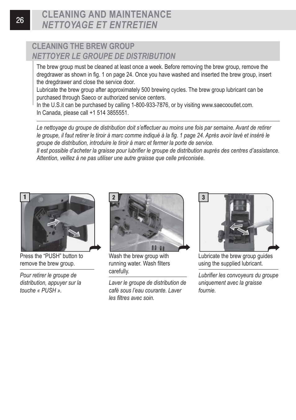 Cleaning and maintenance nettoyage et entretien, Cleaning the brew group, Nettoyer le groupe de
