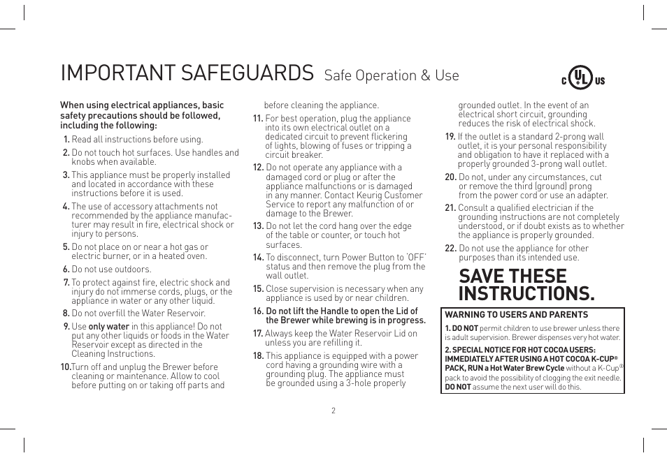 Important safeguards, Save these instructions, Safe operation & use | Keurig B155 Manuel d'utilisation | Page 2 / 38
