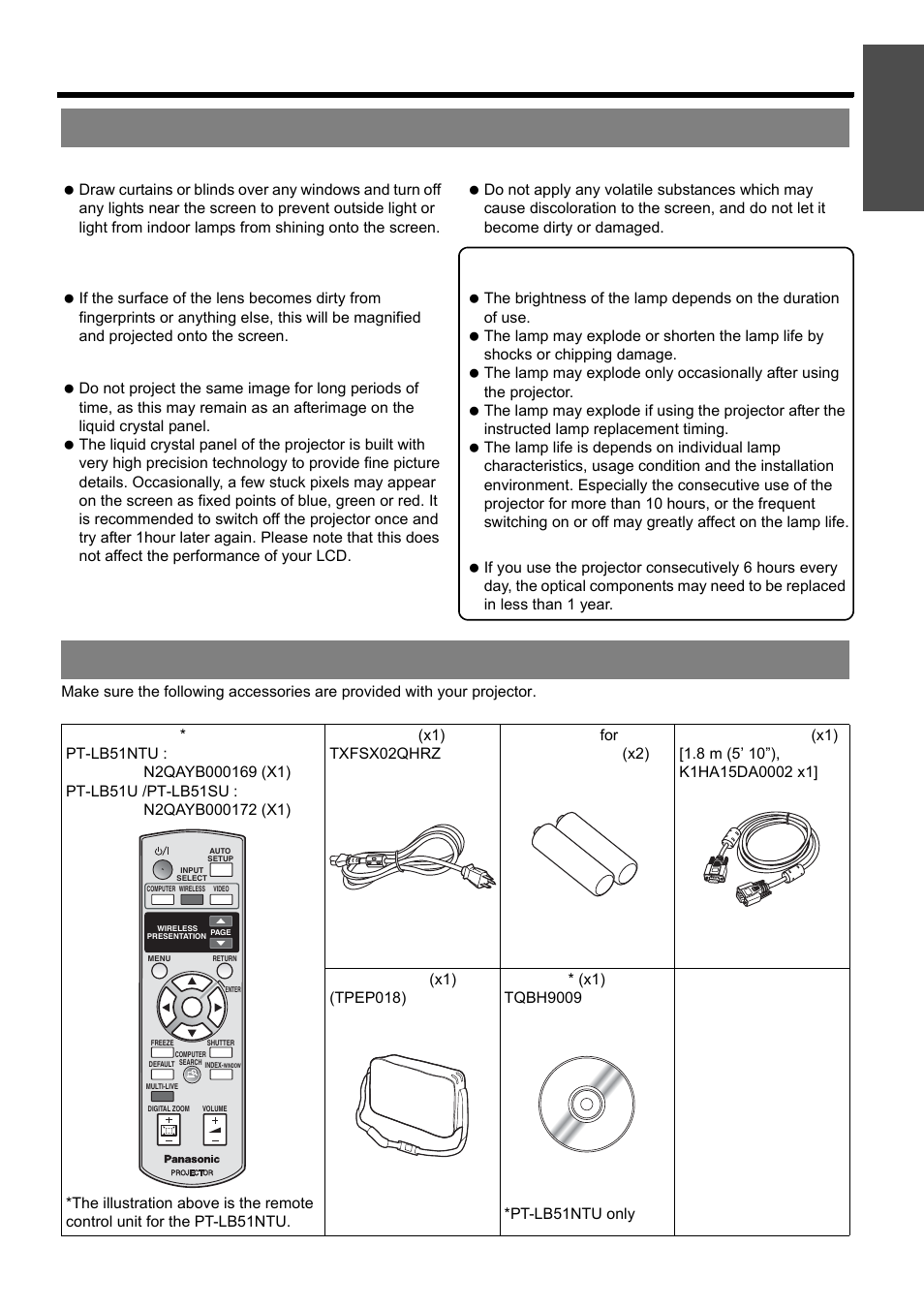 Cautions on use, Accessories, Cautions on use accessories | Nglish - 9, Precautions with regard to safety, Important information | Panasonic PT-LB51SU Manuel d'utilisation | Page 9 / 62