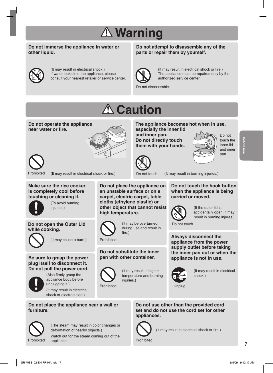 Warning, Caution | Panasonic SR-MGS102 Manuel d'utilisation | Page 7 / 32