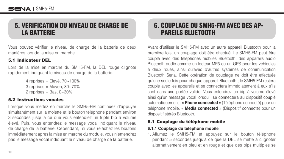 Verification du niveau de charge de la batterie, Couplage du smh5-fm