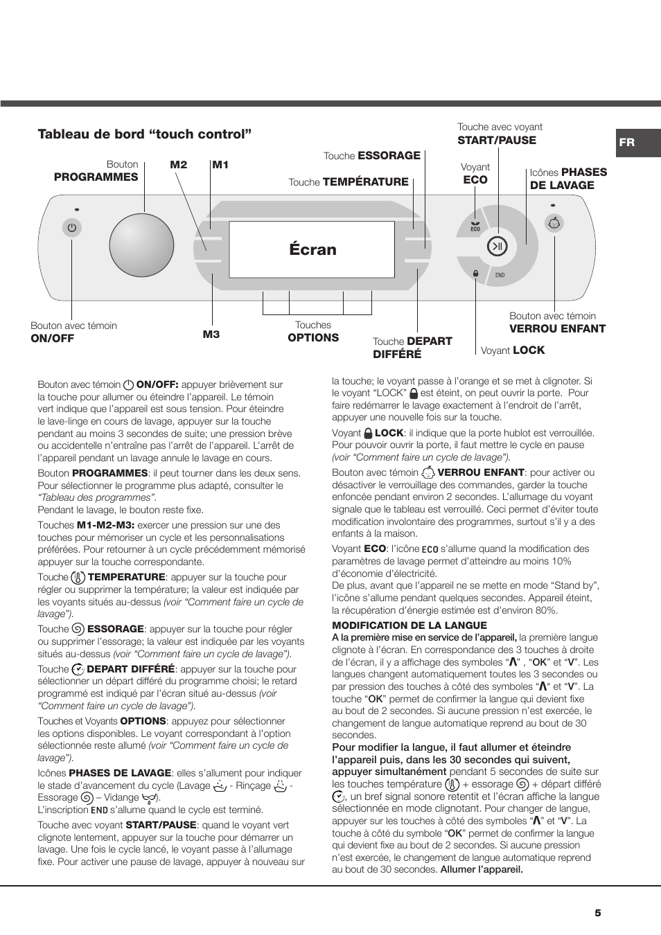 Machine à Laver Hotpoint Ariston Mode D Emploi Écran, Tableau de bord “touch control | Hotpoint Ariston Aqualtis AQ105D  49D FR Manuel d'utilisation | Page 5 / 12