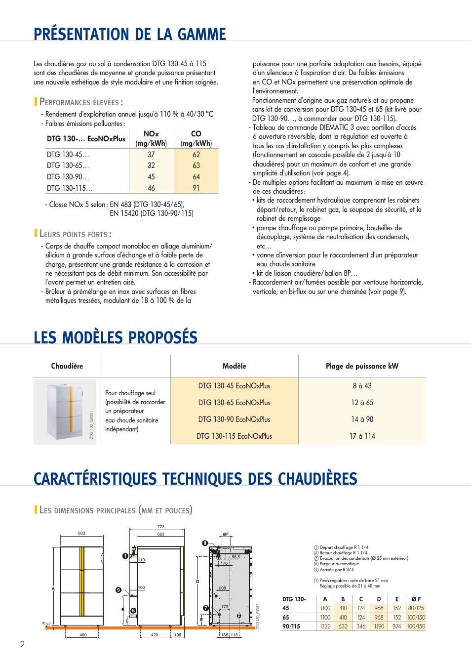 Notice Chaudiere De Dietrich Dtg 130 Eco Nox Présentation de la gamme, Performances élevées, Leurs points forts | DE  DIETRICH DTG 130-45 à 115 EcoNOxPlus Manuel d'utilisation | Page 2 / 12 |  Mode Original