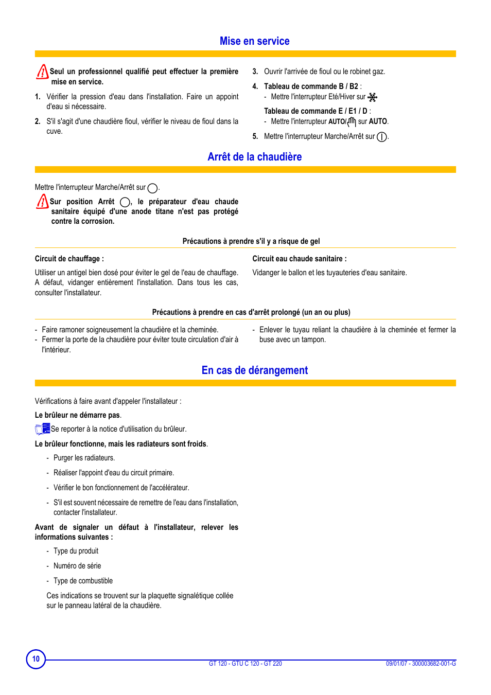 Notice Chaudière Fioul De Dietrich Gt 120 Mise en service, Arrêt de la chaudière, En cas de dérangement | DE DIETRICH  GT 120 - GTU C 120 - GT 220 Manuel d'utilisation | Page 10 / 12