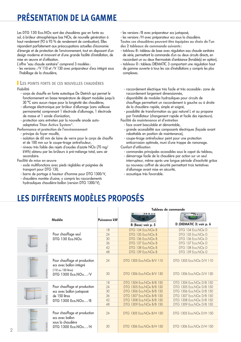 Notice Chaudiere De Dietrich Dtg 130 Eco Nox Présentation de la gamme, Les points forts de ces nouvelles chaudière, Les  différents modèles proposés | DE DIETRICH DTG 130 Elitec Manuel  d'utilisation | Page 2 / 12