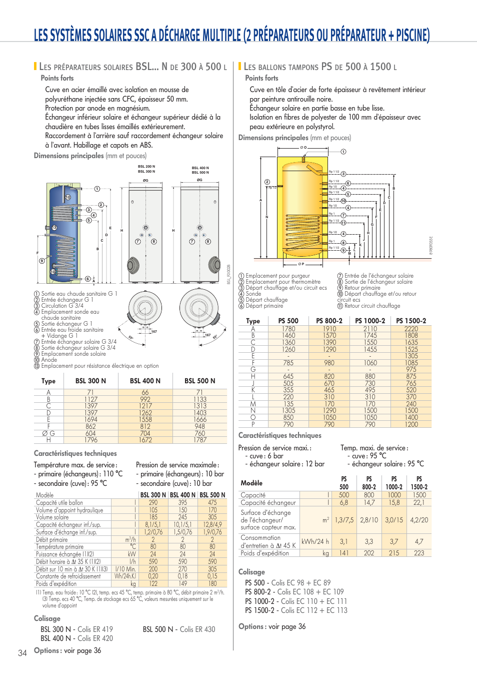 Chauffe Eau Solaire De Dietrich Bsl 300 Les préparateurs solaires bsl… n de 300 à 500 l, Les ballons tampons ps de  500 à 1500 l, Bsl… n | DE DIETRICH DIETRISOL Manuel d'utilisation | Page 34  / 36