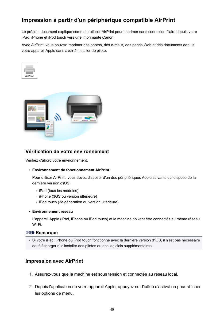 Mode D Emploi Imprimante Canon Pixma Mx475 Impression à partir d'un périphérique compatible, Airprint | Canon PIXMA  MX475 Manuel d'utilisation | Page 40 / 712