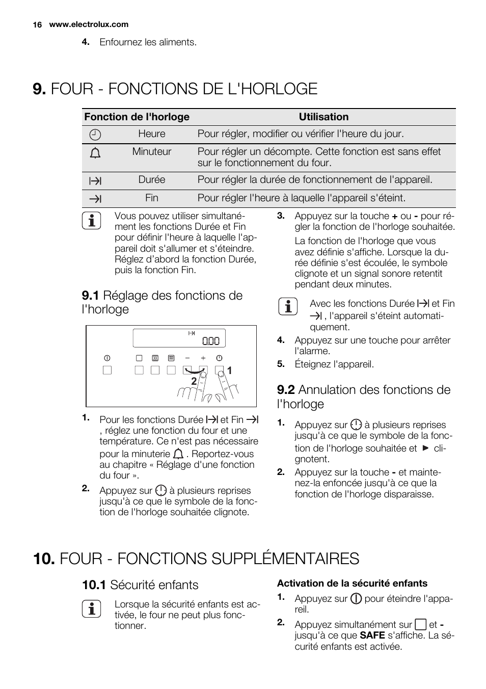 Comment Régler L heure Sur Un Four Electrolux Four - fonctions de l'horloge, Four - fonctions supplémentaires, 1 réglage  des fonctions de l'horloge | Electrolux EKM6770AOW Manuel d'utilisation |  Page 16 / 44