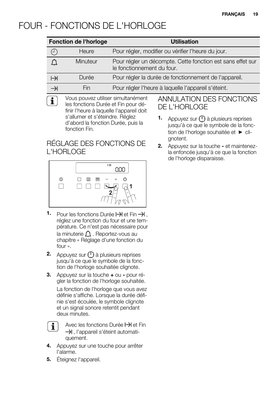 Comment Régler L heure Sur Un Four Electrolux Four - fonctions de l'horloge, Réglage des fonctions de l'horloge,  Annulation des fonctions de l'horloge | Electrolux EKI6770AOW Manuel  d'utilisation | Page 19 / 44