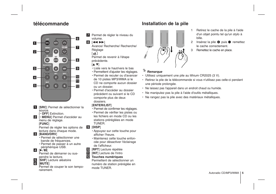 Télécommande, Installation de la pile | LG LCF800IR Manuel d'utilisation | Page 5 / 18