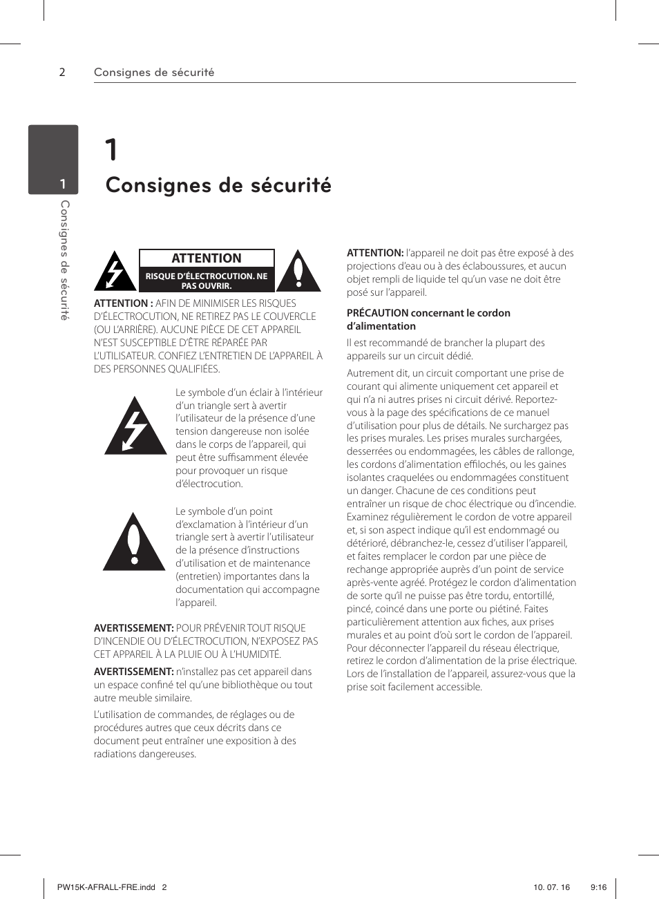 Consignes de sécurité | LG PW15K Manuel d'utilisation | Page 2 / 12