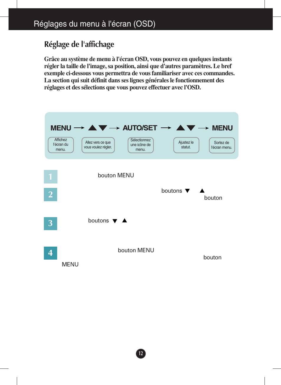 Réglages du menu à l'écran (osd), Réglage de l'affichage | LG W2243S-PF Manuel d'utilisation | Page 13 / 34