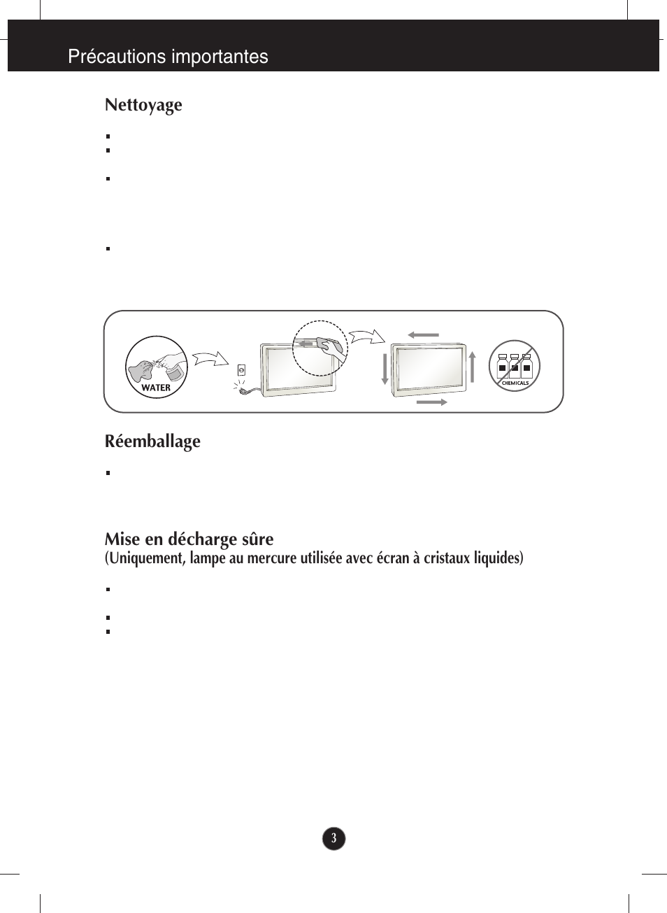 Nettoyage, Réemballage, Précautions importantes | LG W2243S-PF Manuel d'utilisation | Page 4 / 34